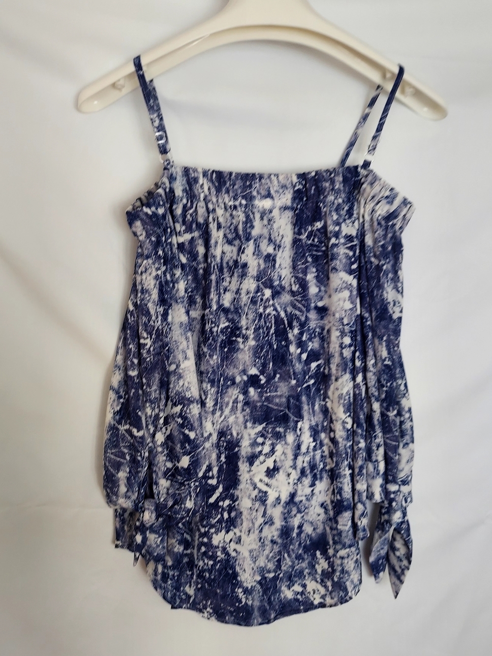 Blue Marble-Print Cold-Shoulder Blouse with Adjustable Straps - Picture 6 of 7